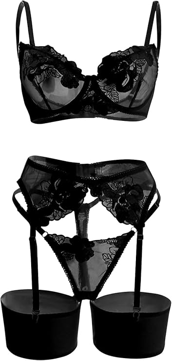 Floral Embroidered Lace Lingerie Set with Garter