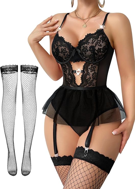Tiered Bustier Lace Lingerie Set with Garter & Stockings
