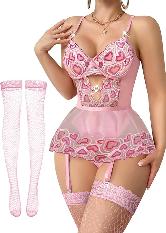 Tiered Bustier Lace Lingerie Set with Garter & Stockings