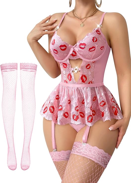 Tiered Bustier Lace Lingerie Set with Garter & Stockings