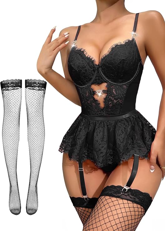 Tiered Bustier Lace Lingerie Set with Garter & Stockings