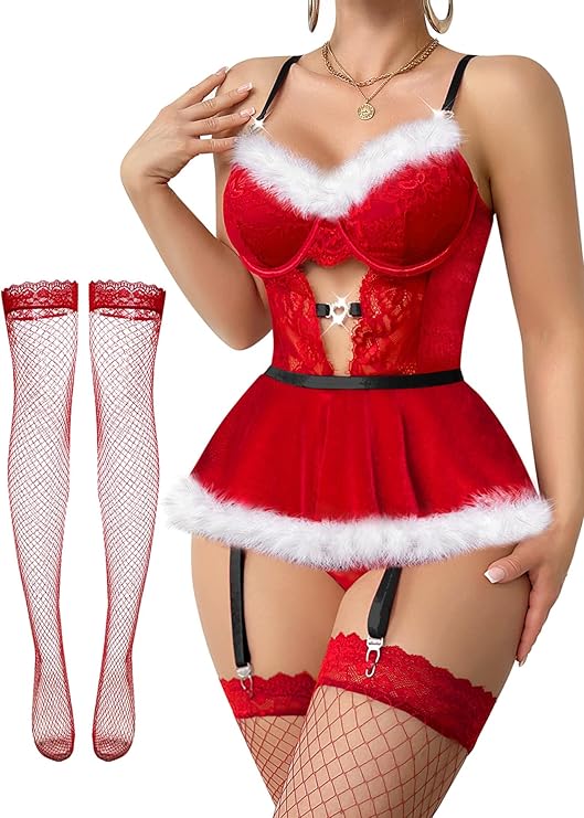 Tiered Bustier Lace Lingerie Set with Garter & Stockings