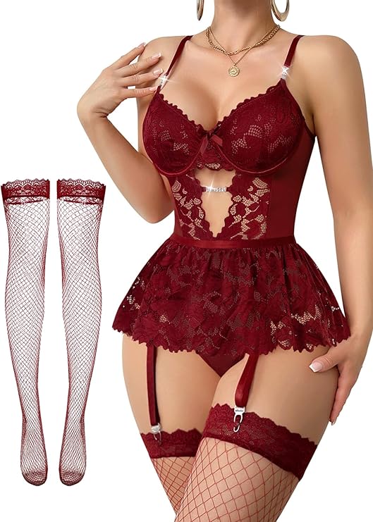 Tiered Bustier Lace Lingerie Set with Garter & Stockings