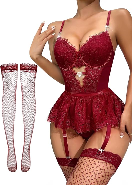 Tiered Bustier Lace Lingerie Set with Garter & Stockings
