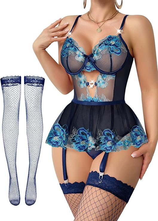Tiered Bustier Lace Lingerie Set with Garter & Stockings