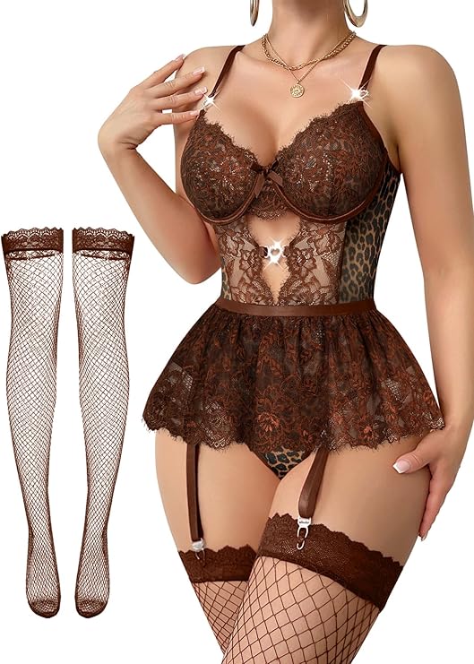 Tiered Bustier Lace Lingerie Set with Garter & Stockings