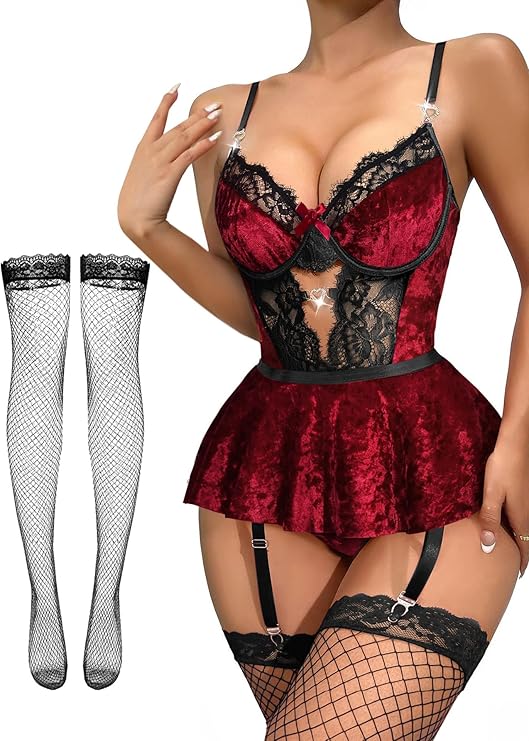 Tiered Bustier Lace Lingerie Set with Garter & Stockings