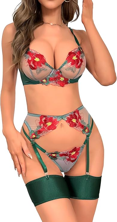 Green lace floral 3 piece lingerie set