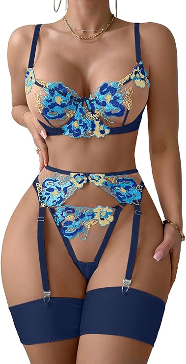 Blue lace lingerie set with suspenders on a white background